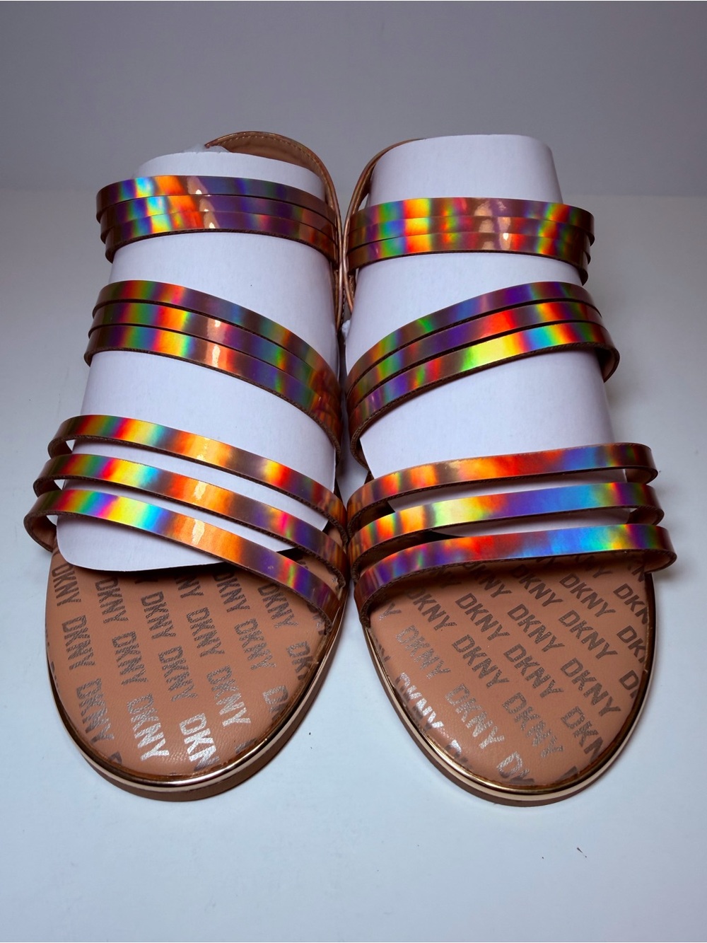DKNY Holographic Multi-Color Strappy Flat Sandals - Women's Size 5